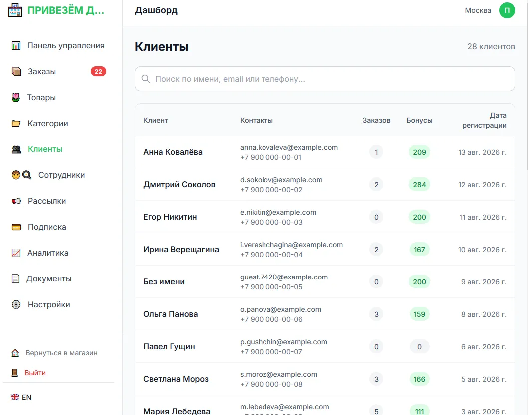 Список клиентов: поиск по имени, email или телефону, счётчик клиентов справа и колонки «Клиент», «Контакты», «Заказов», «Бонусы» и «Дата регистрации»